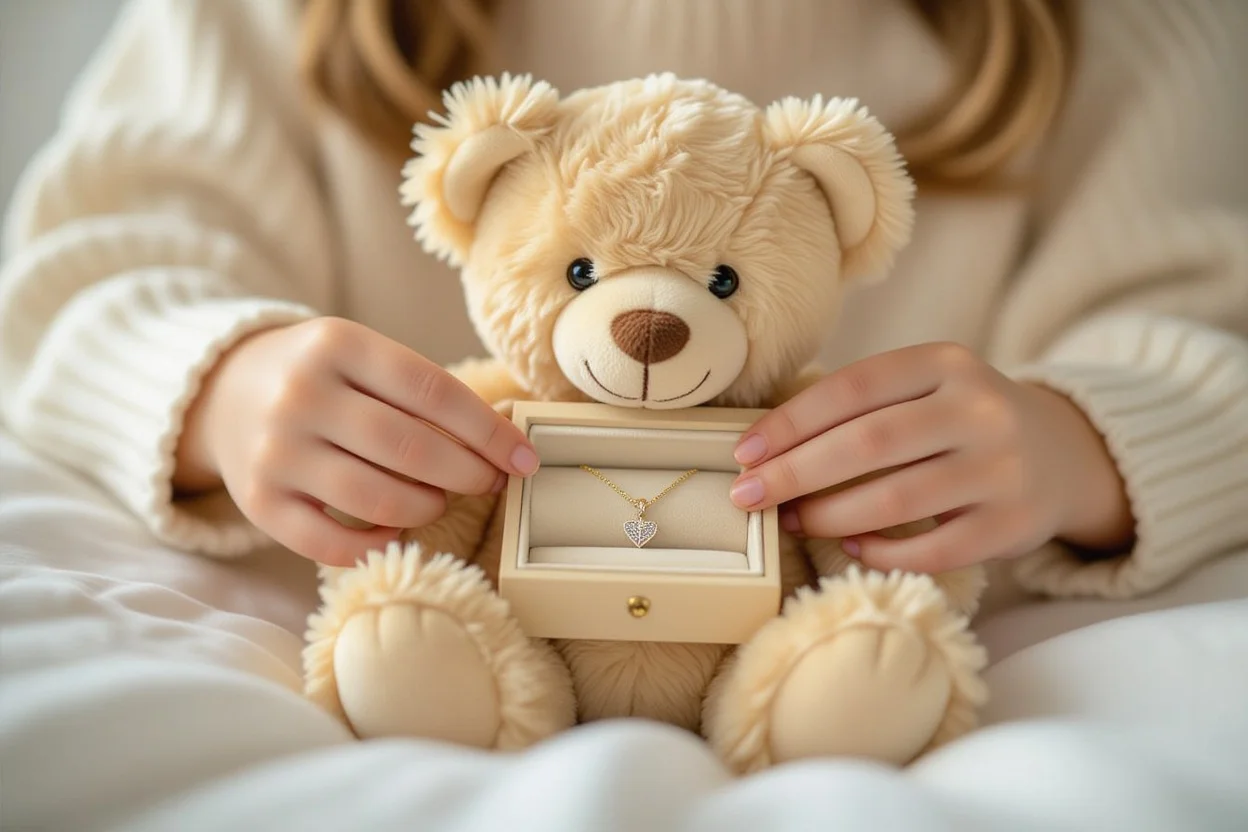 Surprise reveal moment of hidden necklace inside romantic teddy bear gift