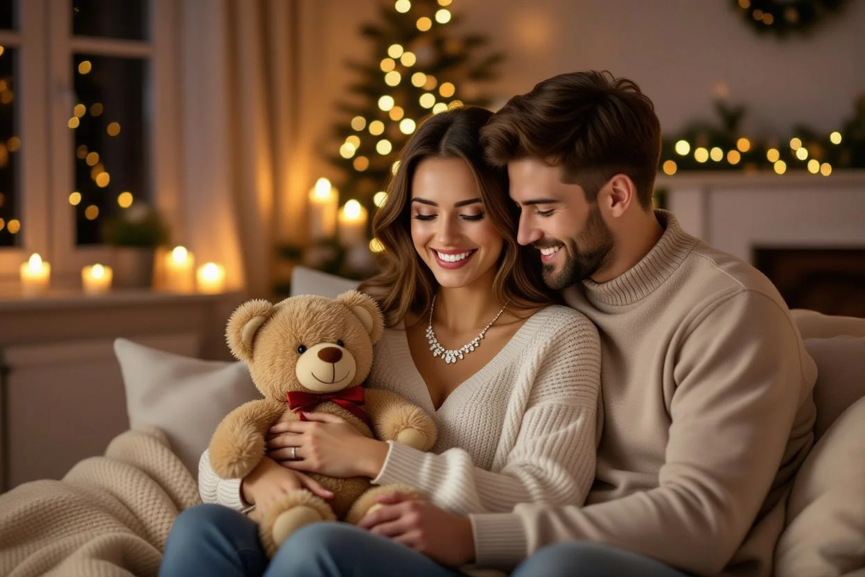 Happy couple enjoying romantic teddy bear necklace surprise gift moment