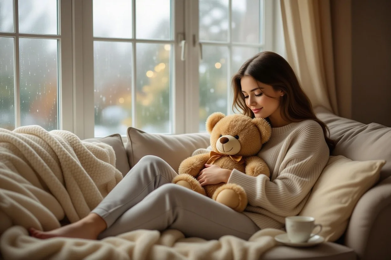 Woman finding comfort with teddy bear on rainy afternoon at home
