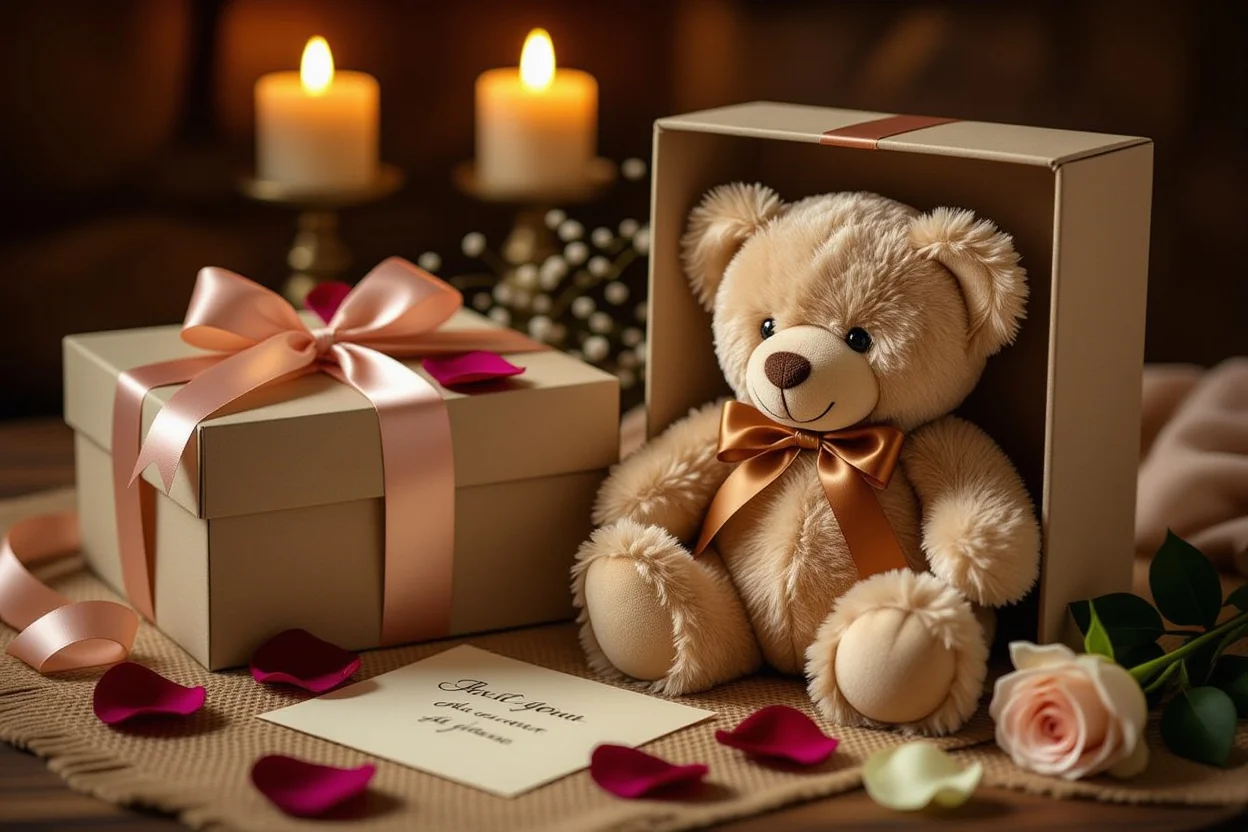 Romantic teddy bear gift presentation with elegant wrapping and flowers