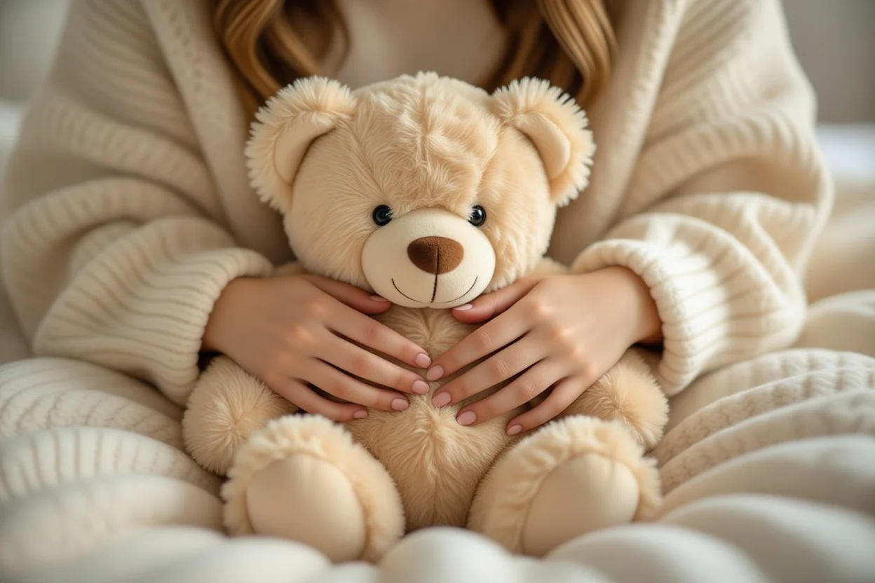 Close-up of hands gently holding soft comfort teddy bear