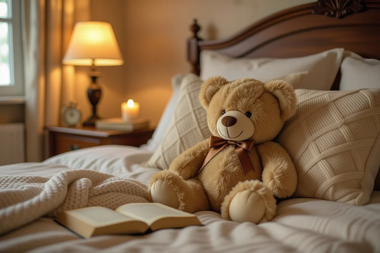Cozy bedroom scene with teddy bear companion ready to provide comfort