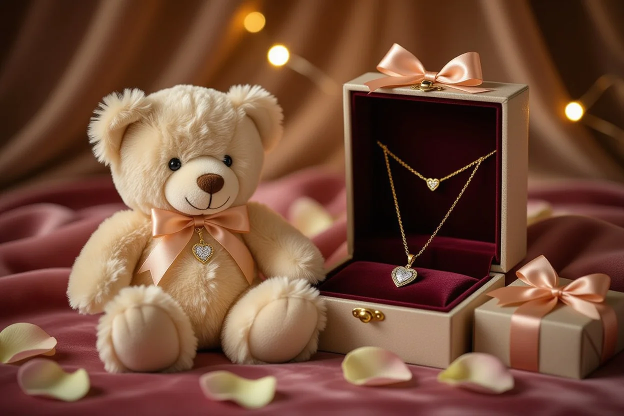 Romantic teddy bear gift with hidden necklace surprise for Valentine's Day or anniversary