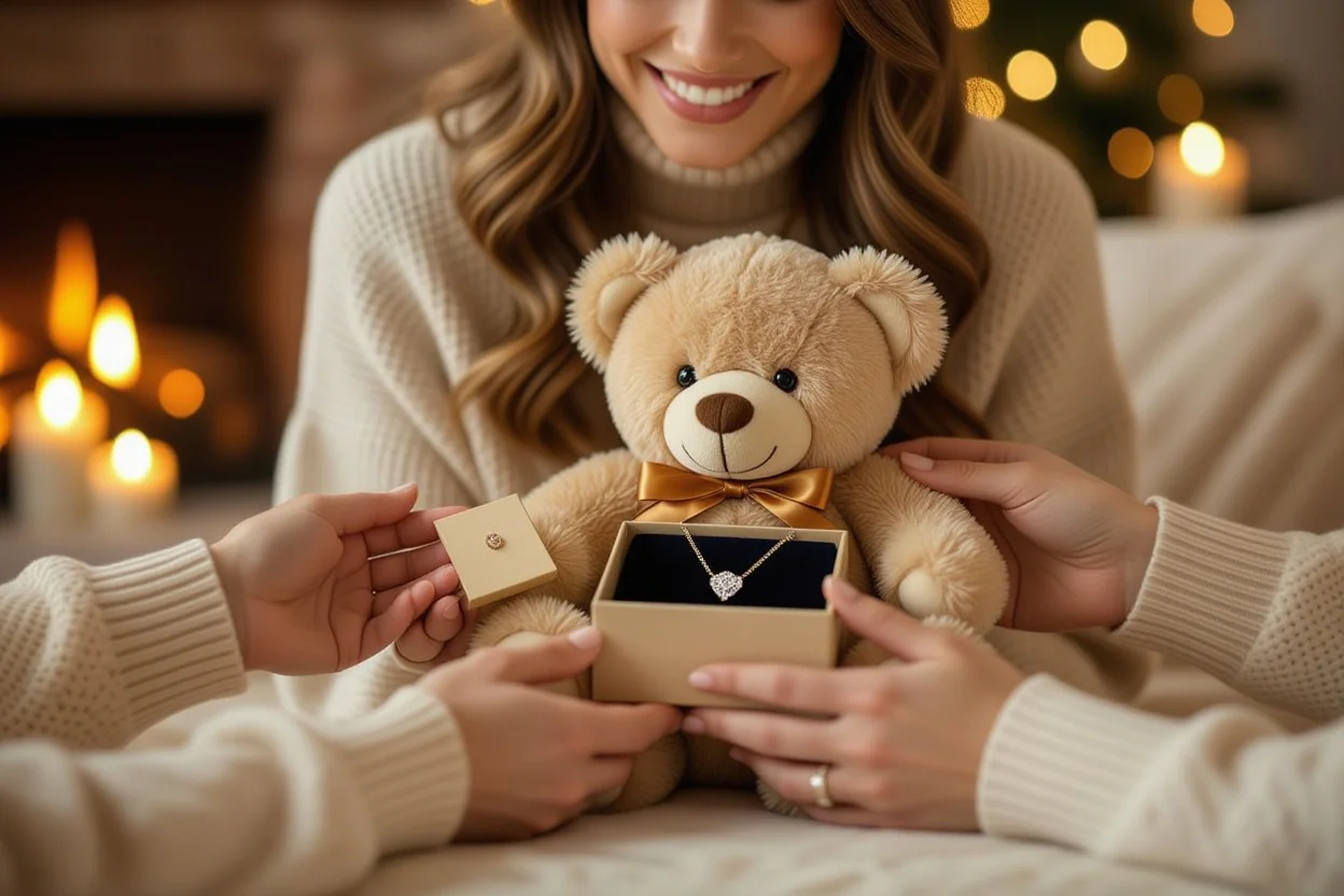 Couple exchanging romantic teddy bear gift with hidden jewelry surprise moment