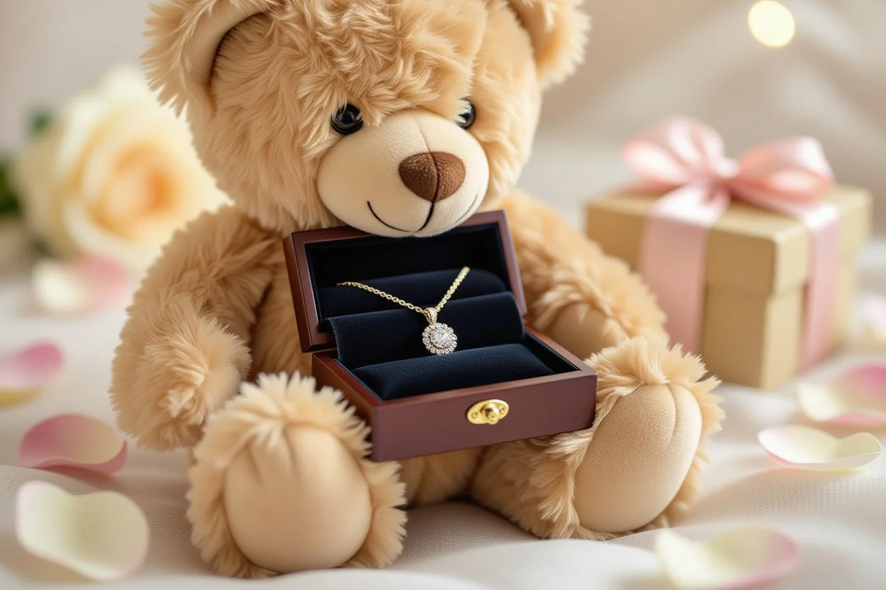 Close-up of teddy bear's hidden jewelry compartment revealing surprise necklace gift