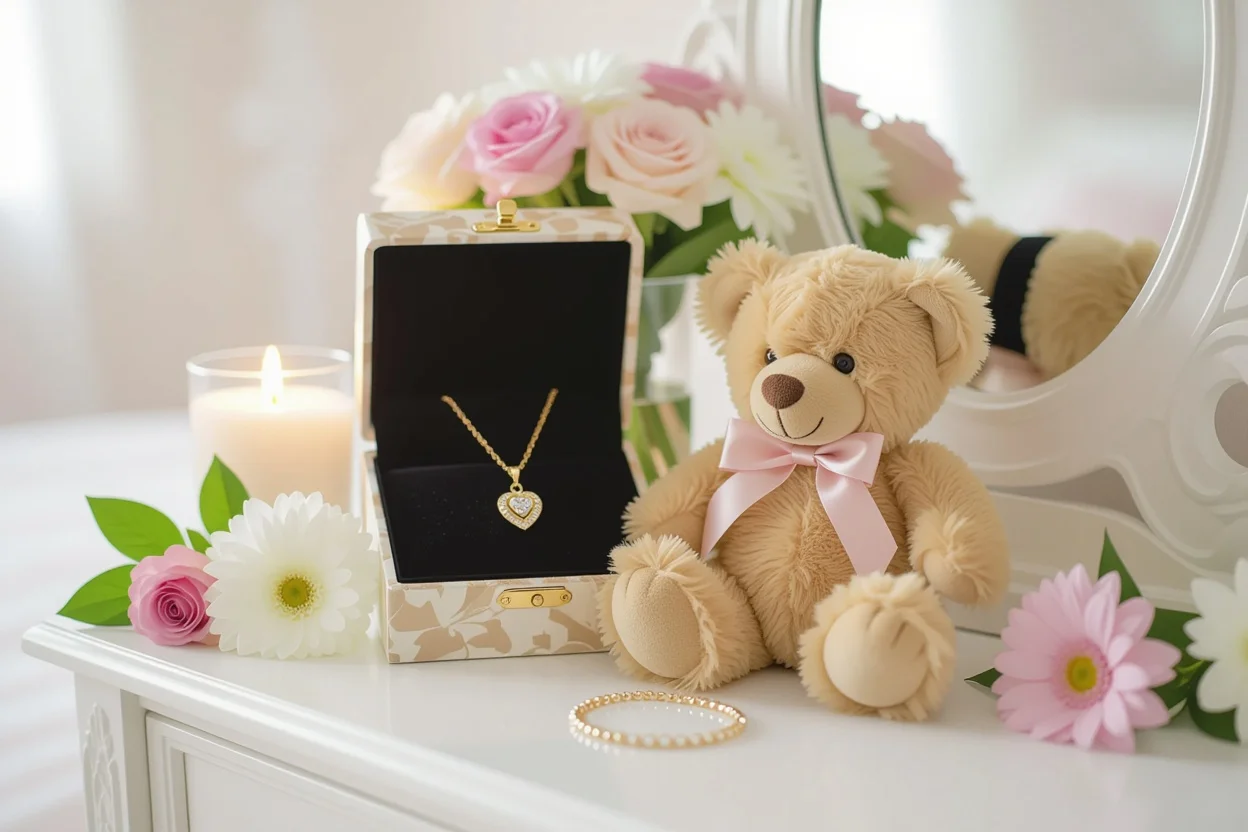 Teddy bear with necklace gift displayed in romantic bedroom setting as perfect girlfriend gift