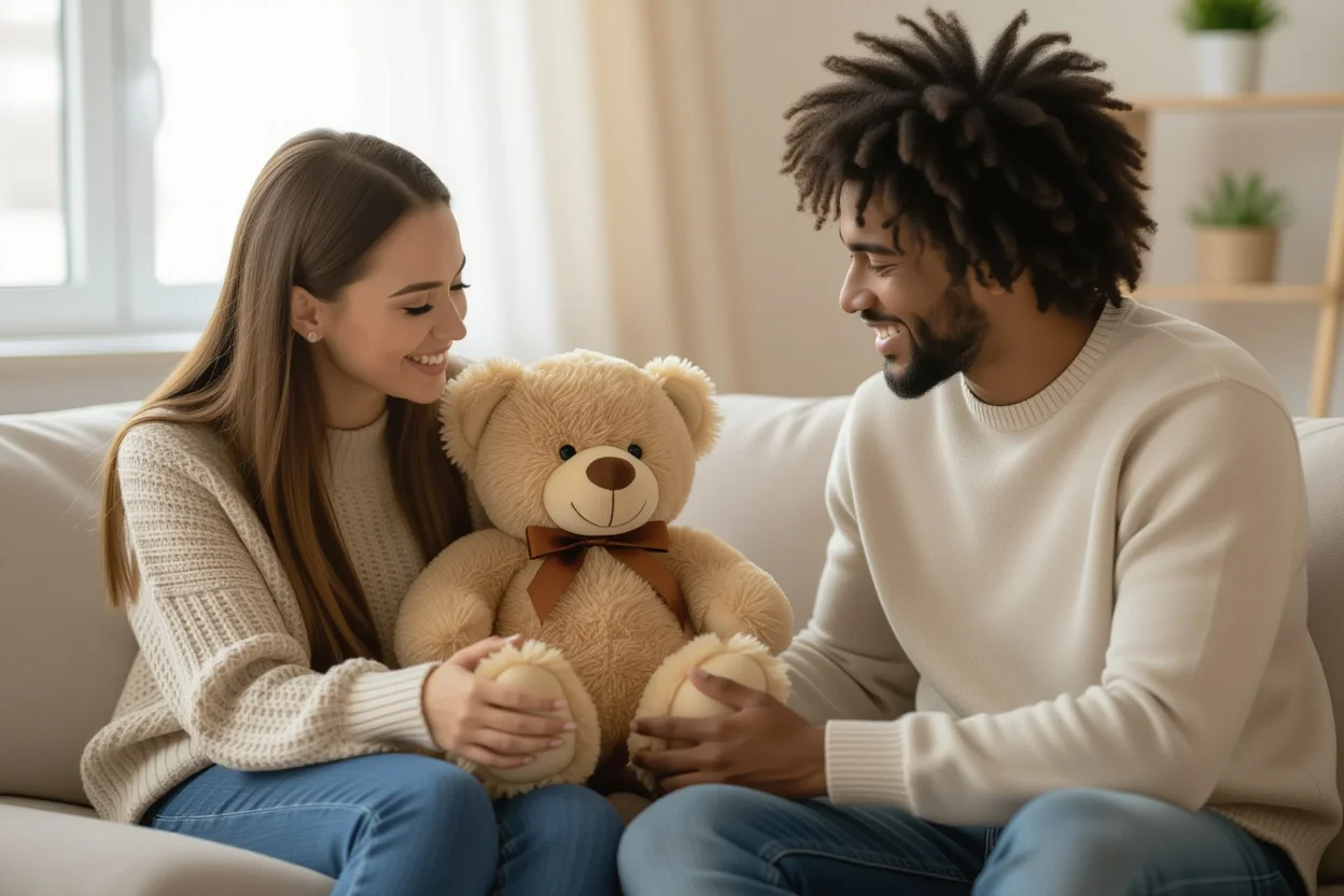 Couple sharing romantic surprise teddy bear gift moment anniversary birthday