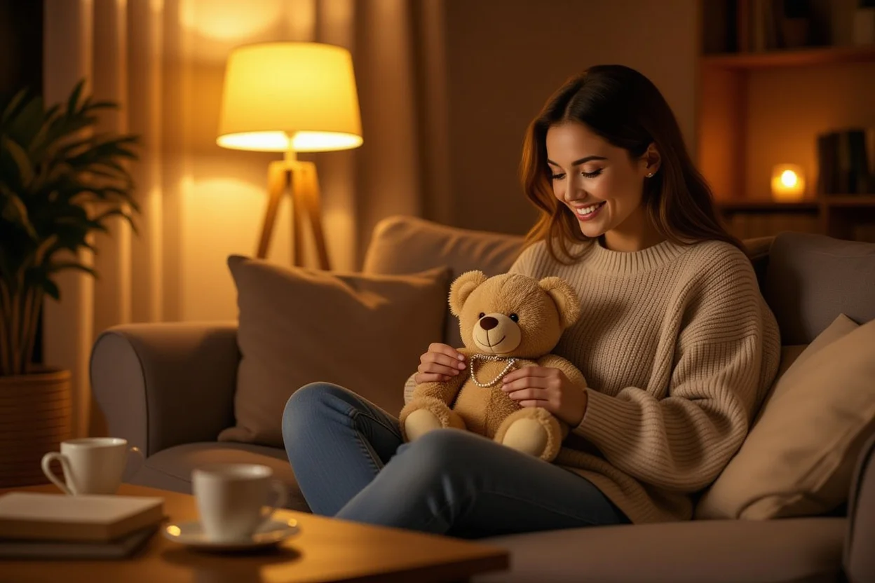 Woman discovering surprise necklace inside teddy bear gift on ordinary Tuesday evening