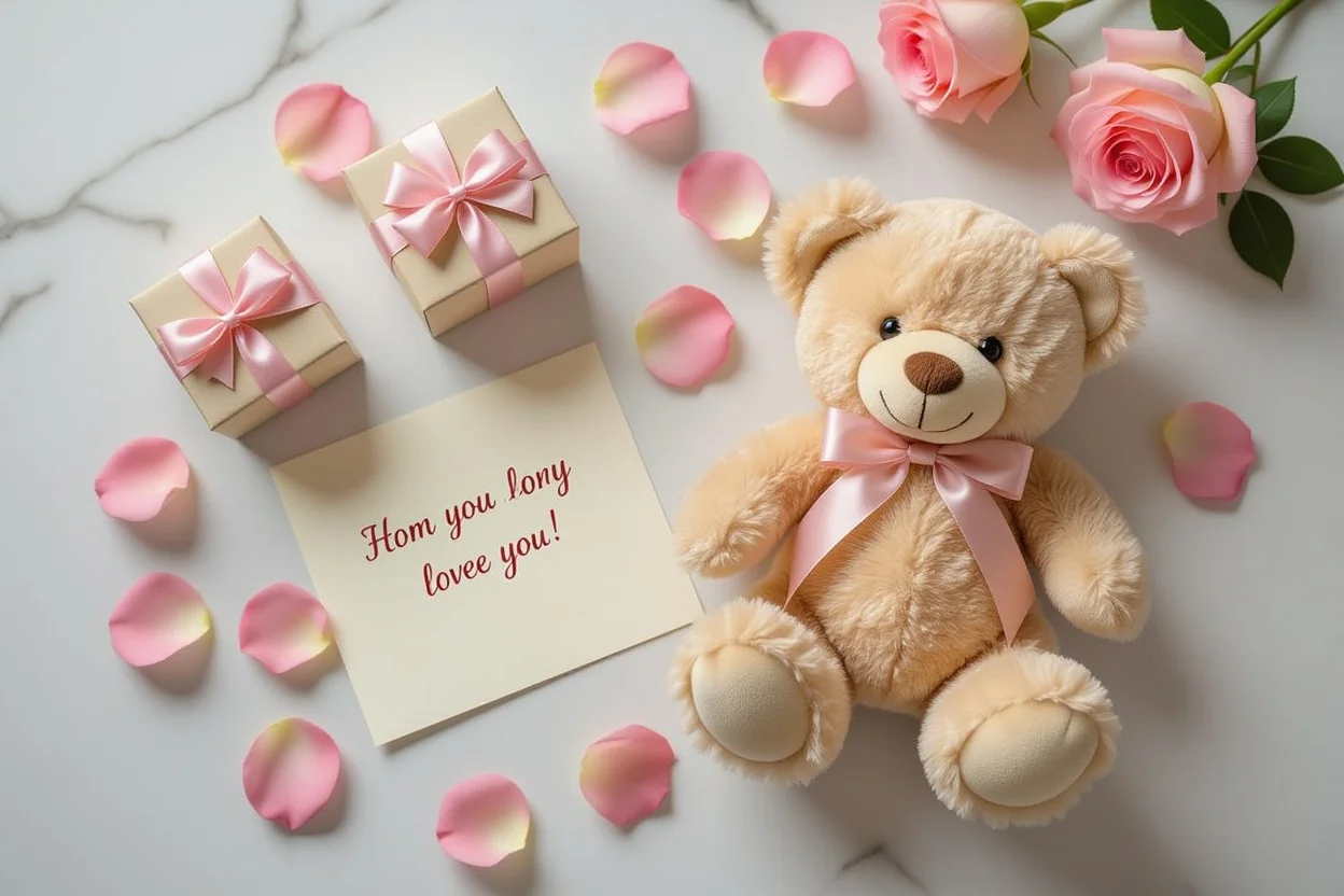 Romantic gift flat lay with teddy bear surprise necklace Valentine's Day presents