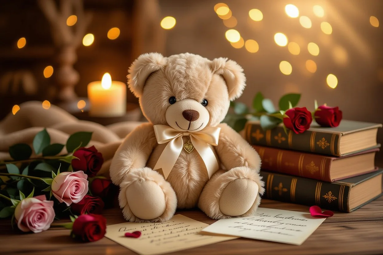 Romantic teddy bear gift with love letters and roses for lasting romantic gifts