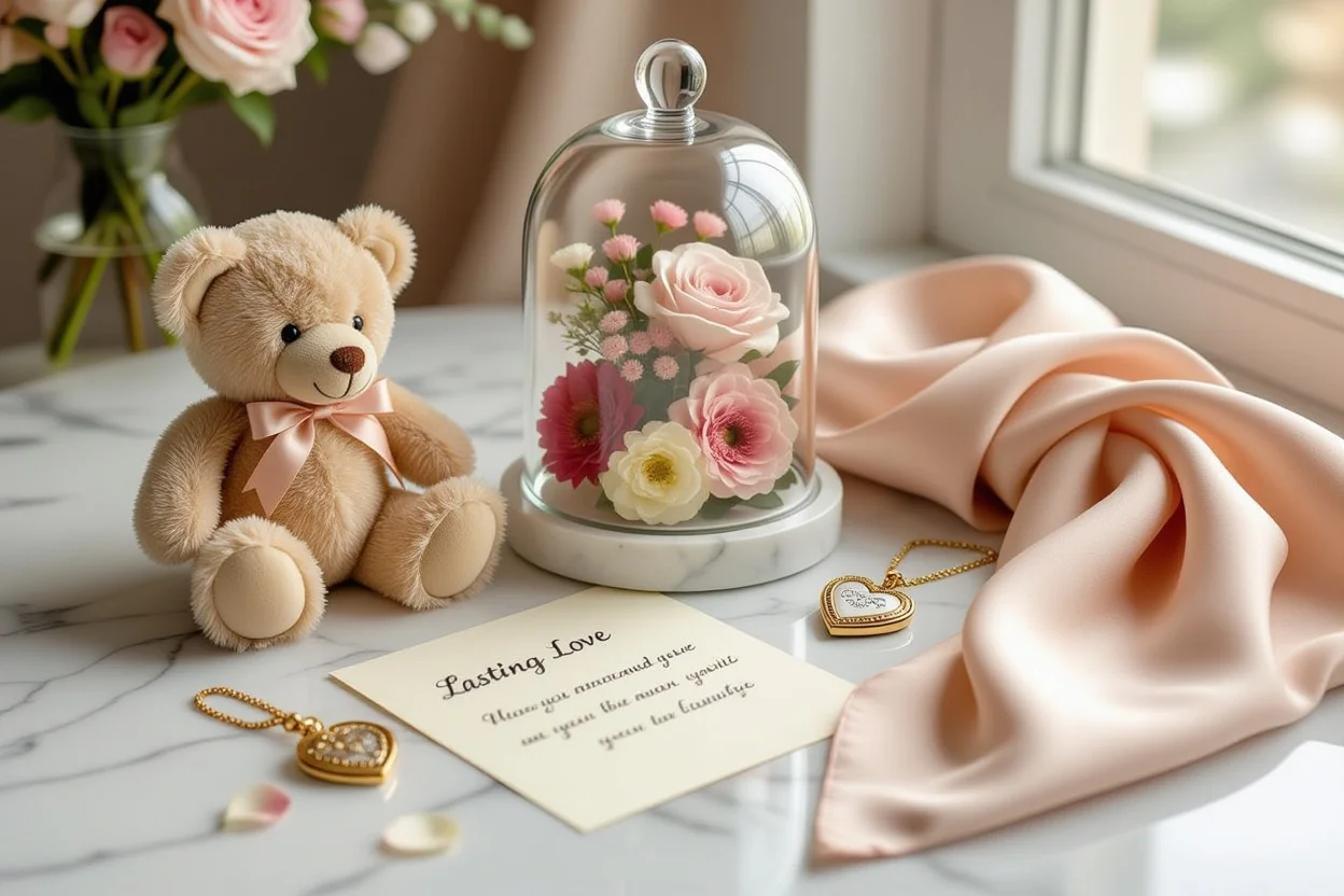 Meaningful romantic gifts arrangement featuring teddy bear and preserved flowers for her