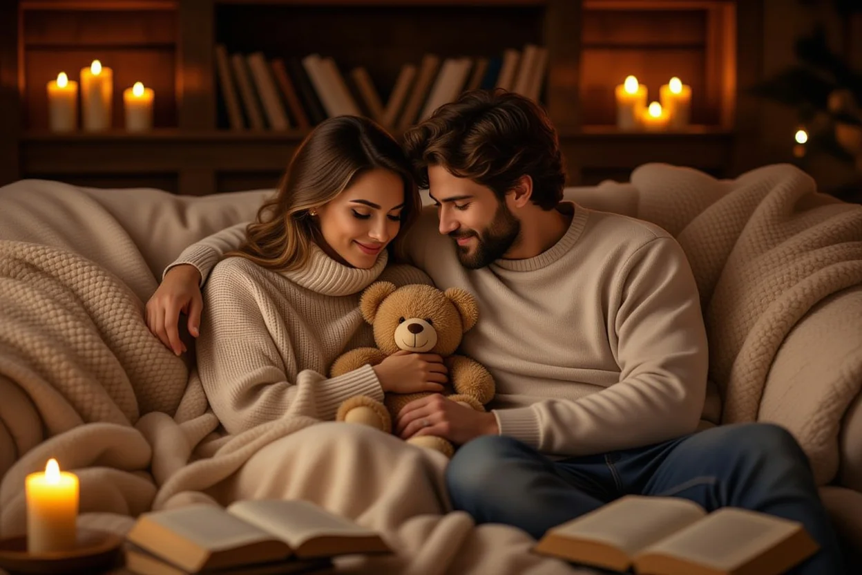 Couple sharing intimate moment with romantic teddy bear gift representing lasting love