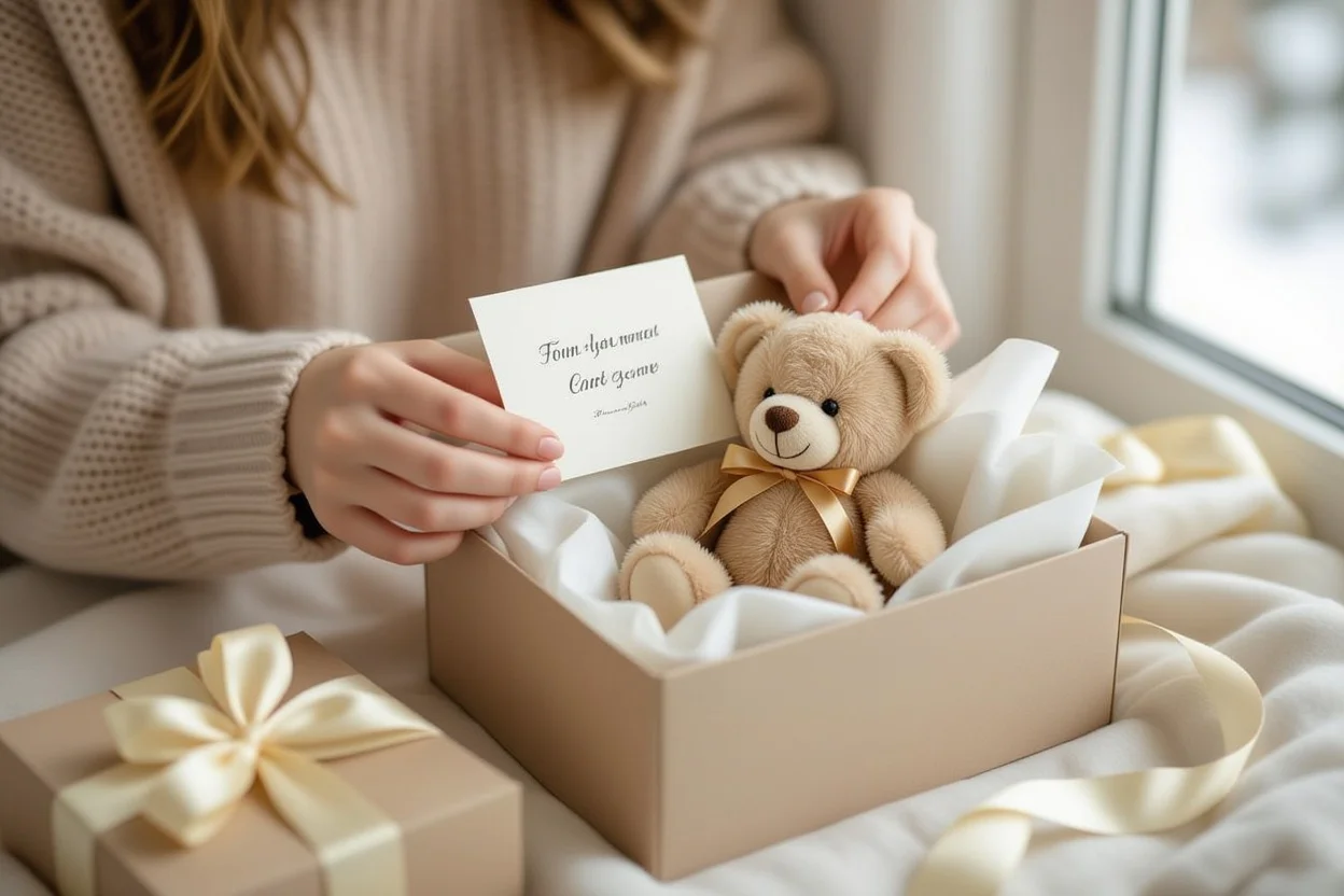 Hands preparing romantic teddy bear gift with care for meaningful gift giving