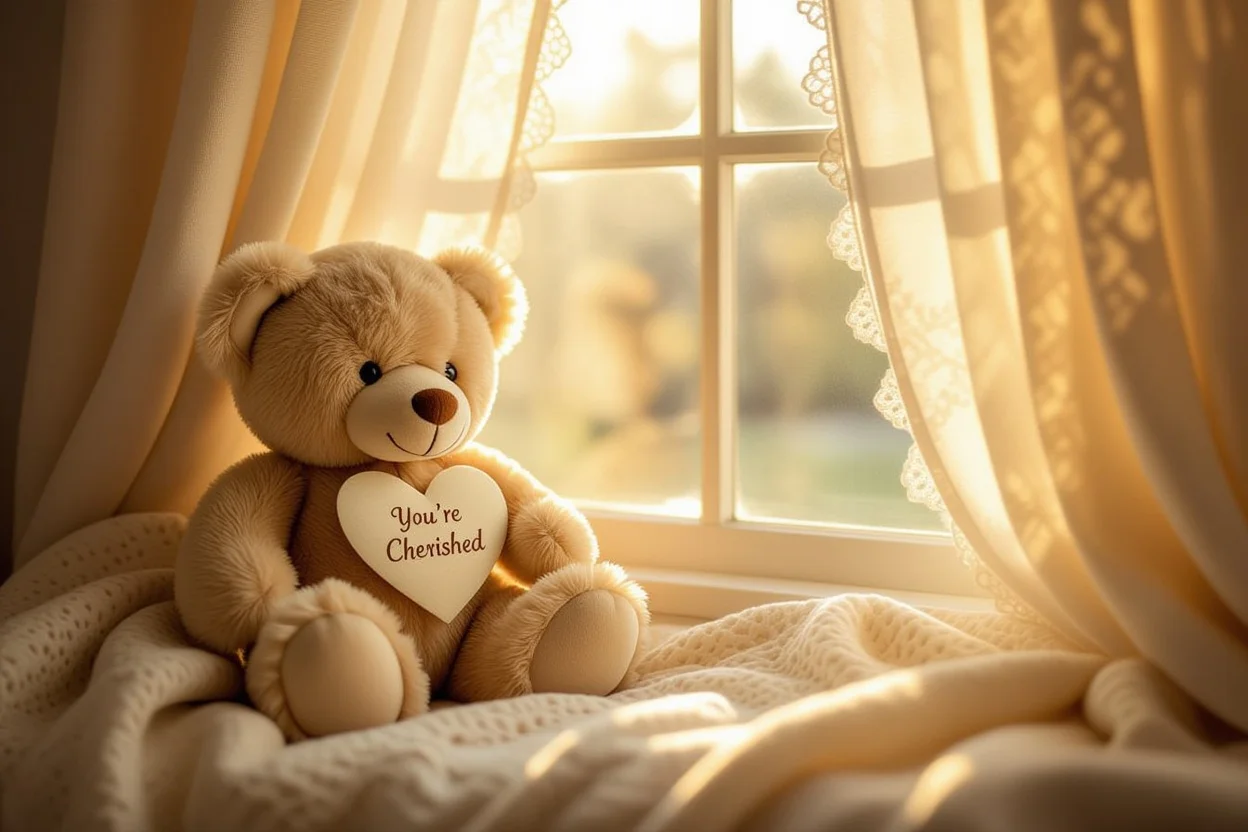 Romantic teddy bear gift with cherished message on sunny windowsill - perfect surprise gift for her