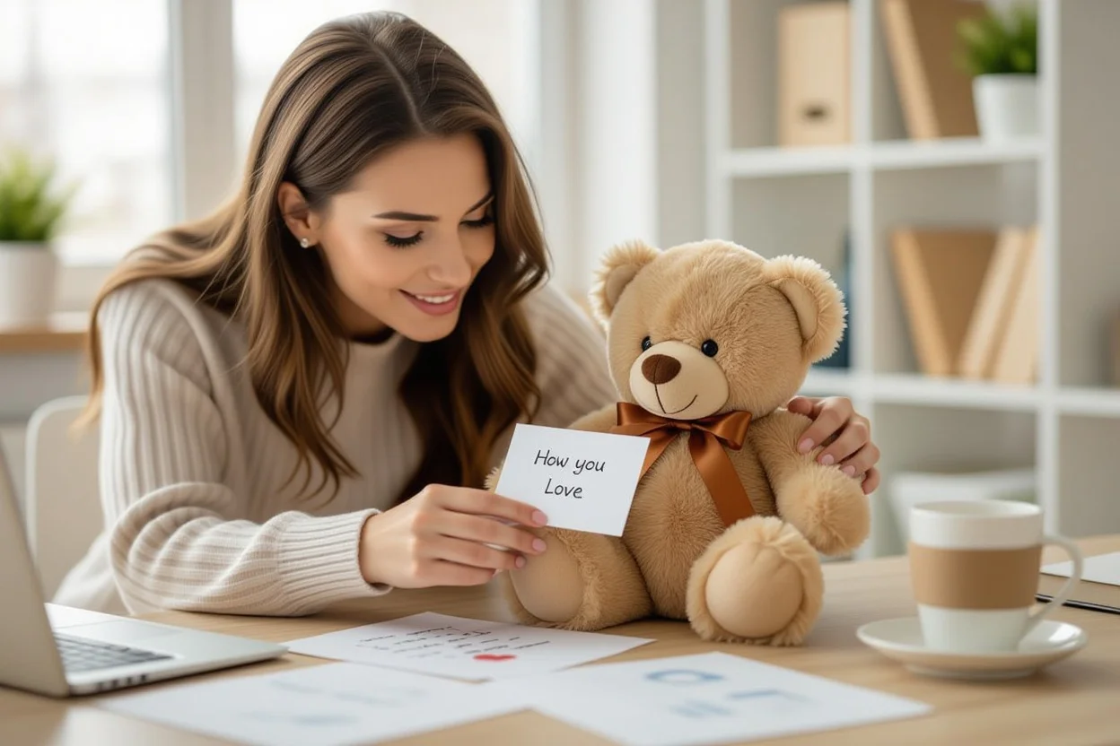 Woman receiving surprise teddy bear gift at work desk - unexpected romantic gesture and Valentine's Day gift idea