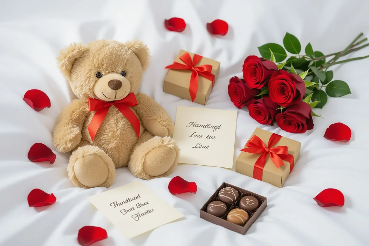 Romantic gift arrangement with teddy bear and preserved flowers - anniversary gifts and Valentine's Day ideas for her