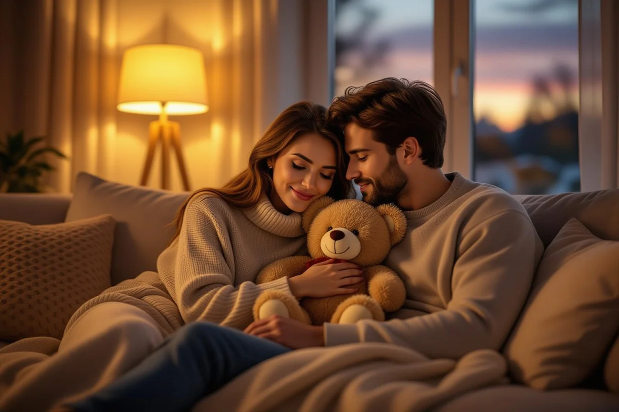 Romantic couple sharing intimate moment with teddy bear gift - relationship goals and thoughtful surprise gifts for her