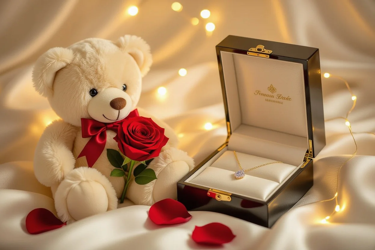 Luxury teddy bear with eternal preserved rose and secret necklace romantic gift set