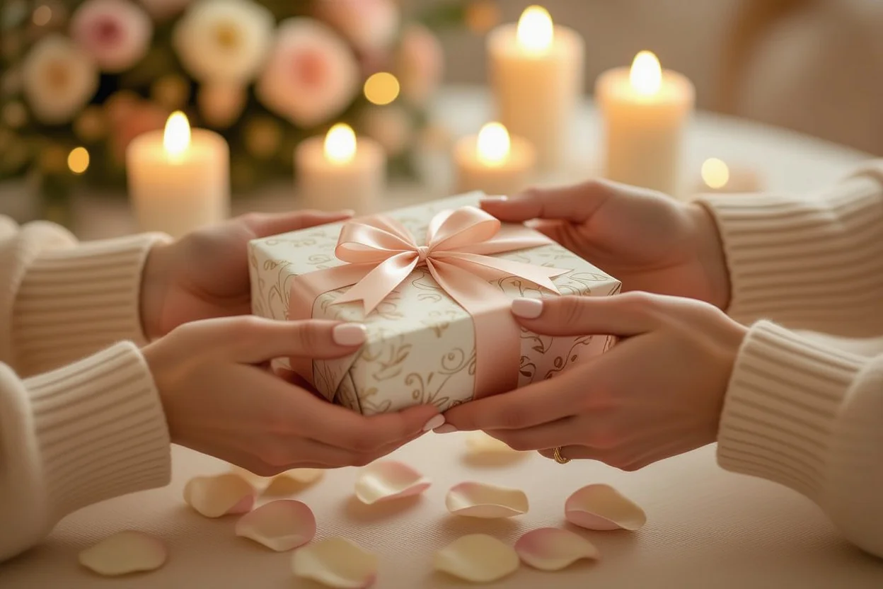 Romantic couple exchanging meaningful Valentine's Day or anniversary gift