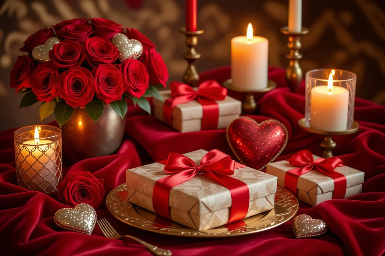 Elegant Valentine's Day anniversary gift table setting with romantic decorations