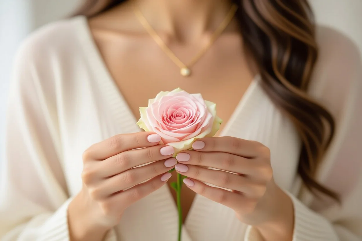 Woman holding eternal preserved rose while wearing romantic necklace gift