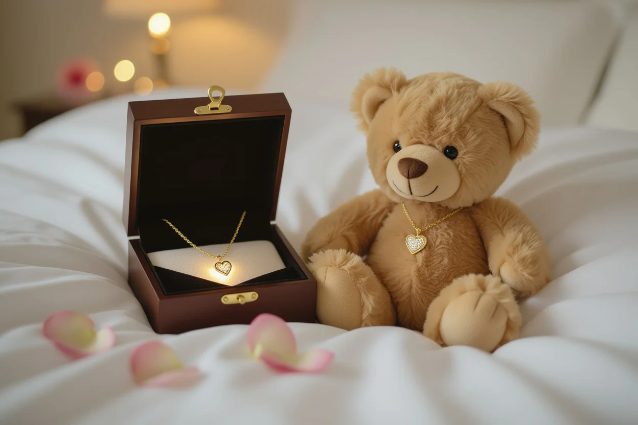 Mountova Pro teddy bear with hidden necklace compartment revealed showing romantic surprise gift