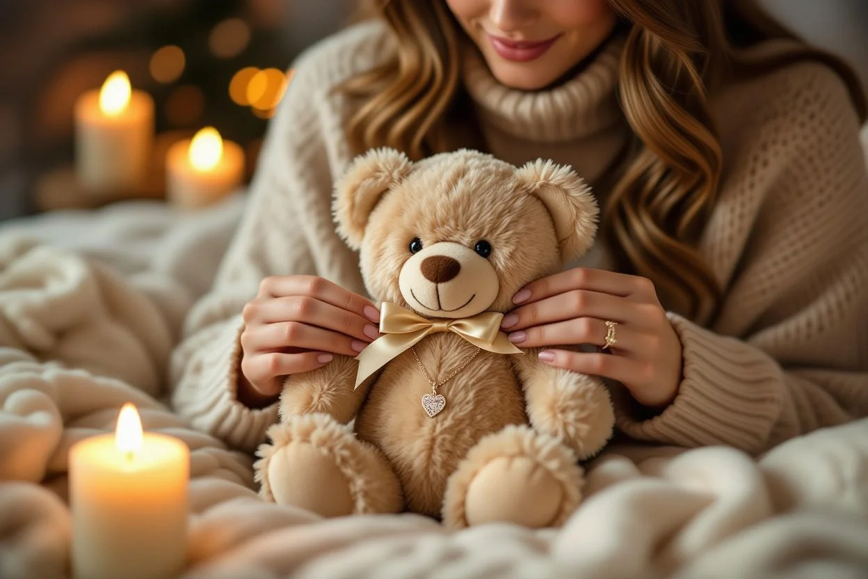 Woman discovering hidden necklace surprise inside romantic teddy bear gift with joyful expression