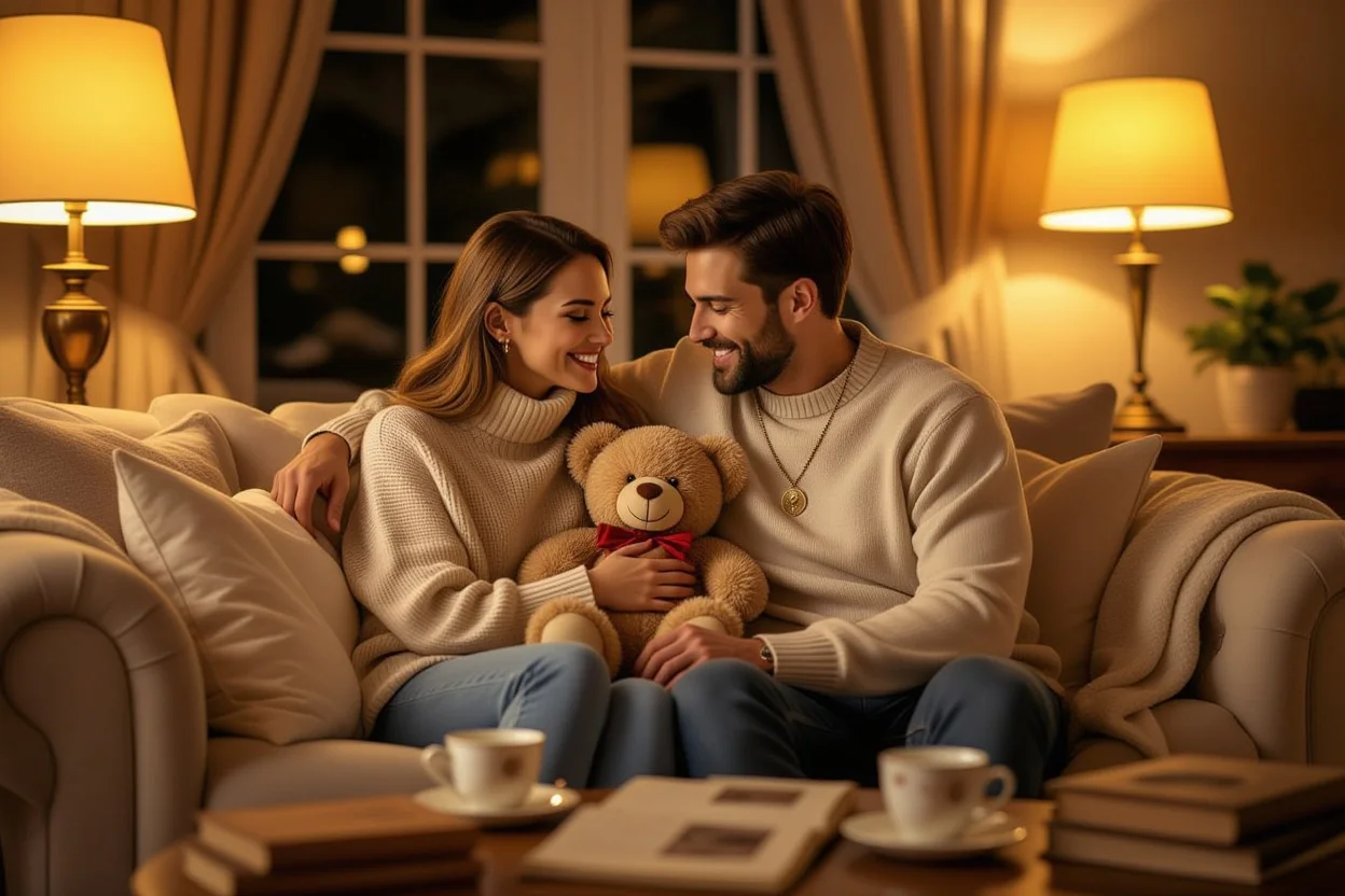 Romantic couple sharing intimate moment with teddy bear surprise gift in cozy living room setting