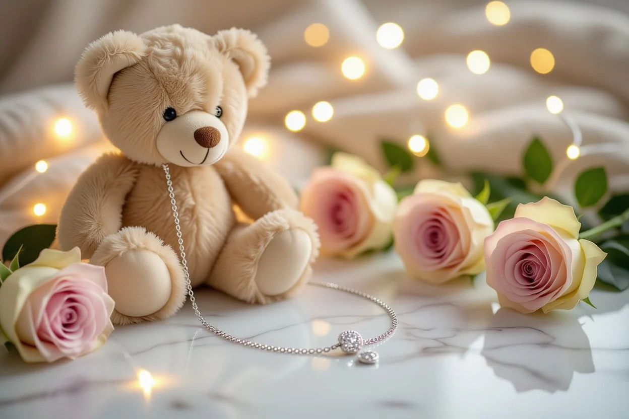 Elegant hidden necklace from teddy bear displayed with preserved roses showing romantic gift concept
