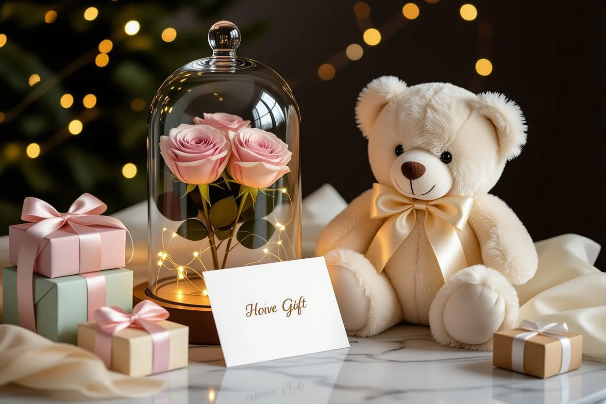 Elegant teddy bear gift arrangement with preserved roses and romantic lighting for special occasions