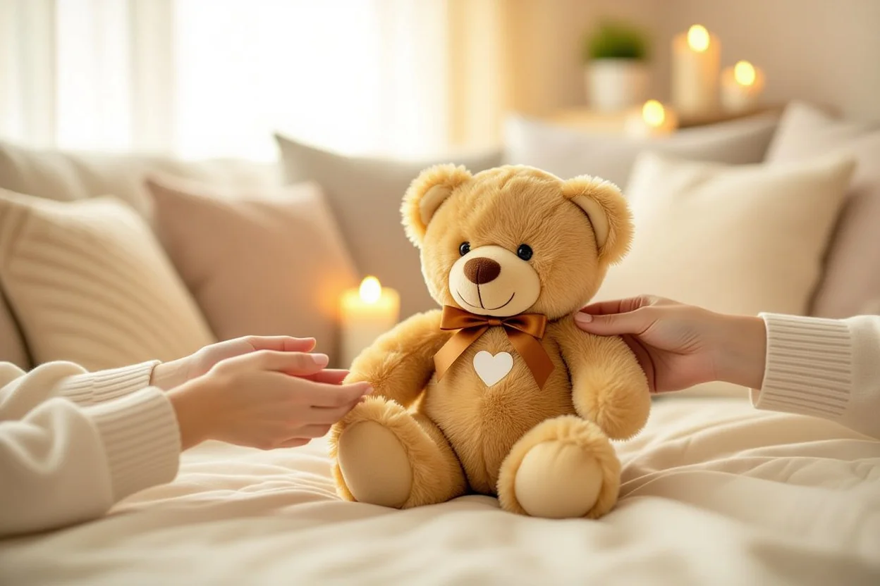 Hands giving a thoughtful teddy bear gift in a cozy romantic setting