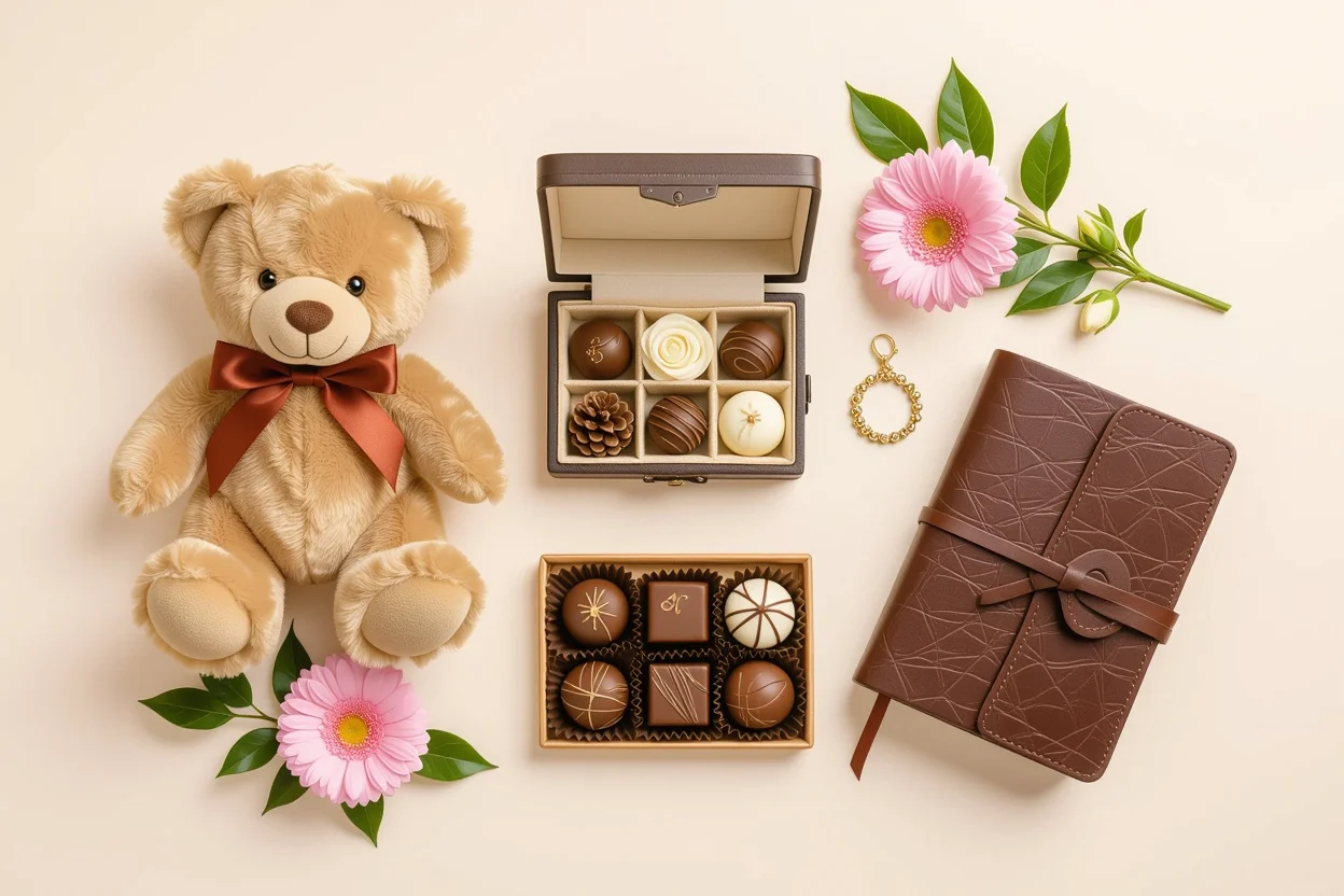 Curated collection of thoughtful gifts including teddy bear for girlfriend wife or special woman