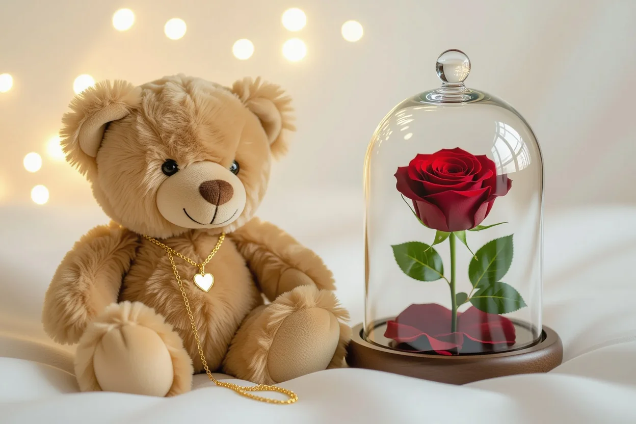 Romantic teddy bear with hidden gold necklace and preserved rose apology gift set