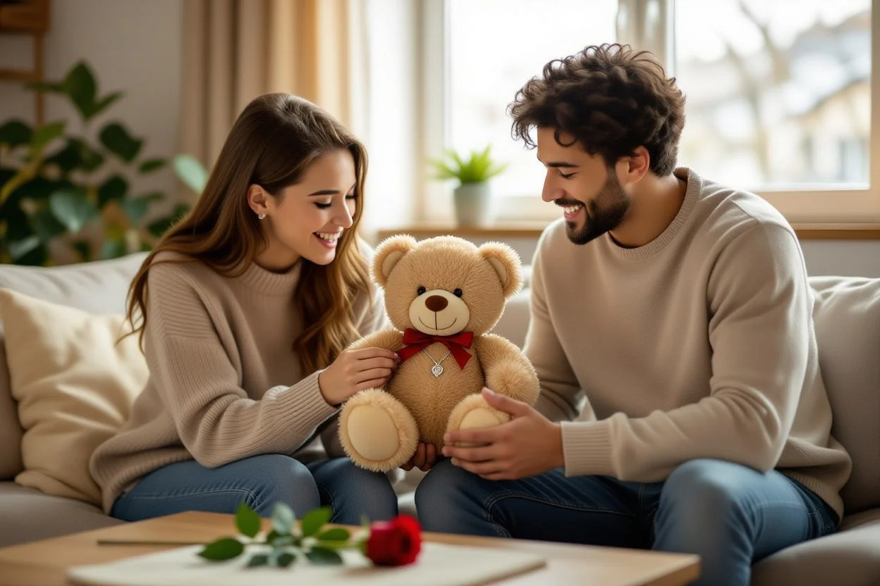 Couple sharing romantic apology moment with surprise teddy bear gift and hidden jewelry