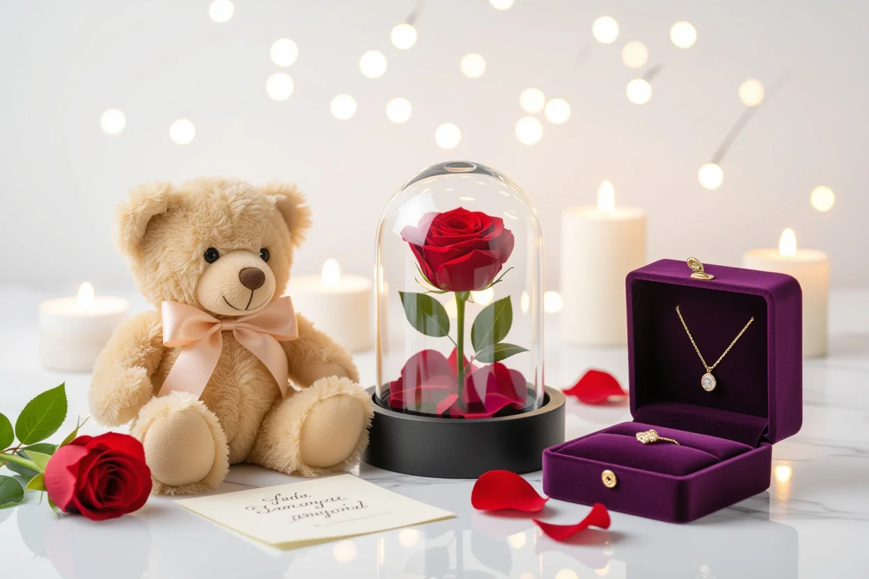 Luxury romantic gift set with teddy bear, preserved rose, and jewelry in elegant presentation