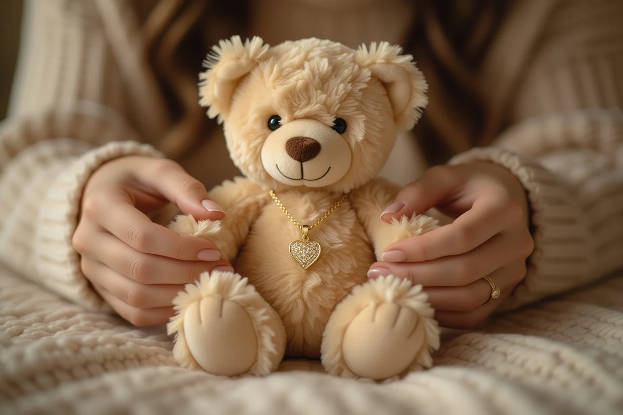 Close-up of hands discovering hidden necklace surprise inside romantic teddy bear gift