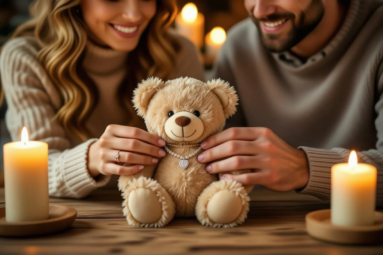 Woman discovering hidden necklace surprise in romantic teddy bear gift