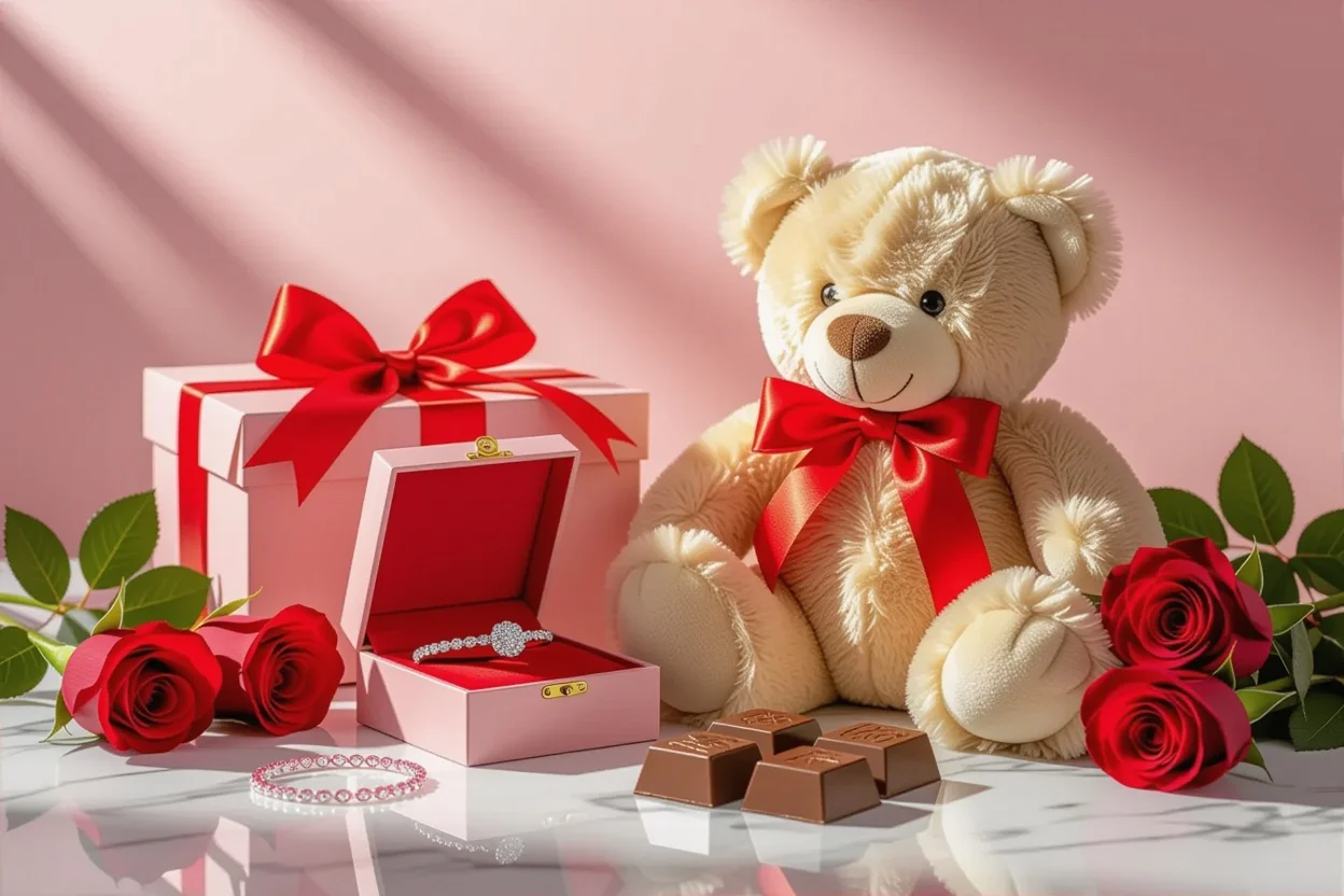 Elegant Valentine's Day romantic gifts collection with teddy bear and jewelry
