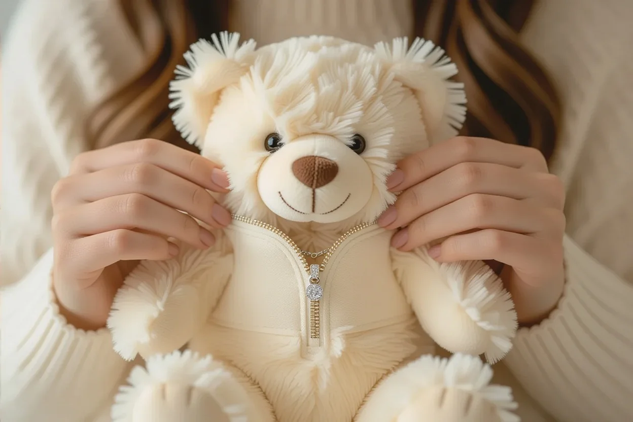 Close-up of hands revealing hidden necklace compartment in romantic teddy bear gift