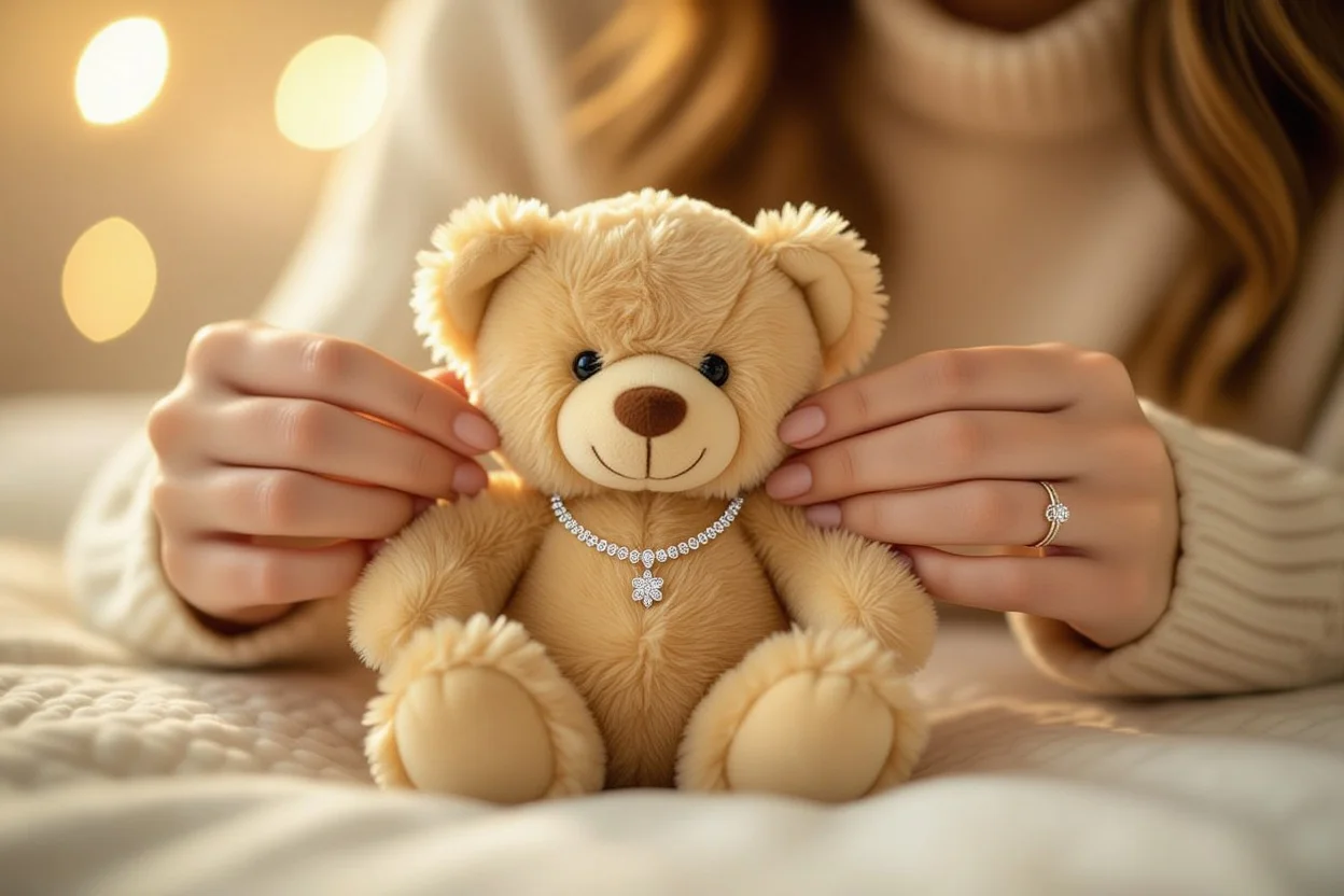 Surprise moment revealing hidden necklace inside teddy bear - romantic gift ideas for relationships