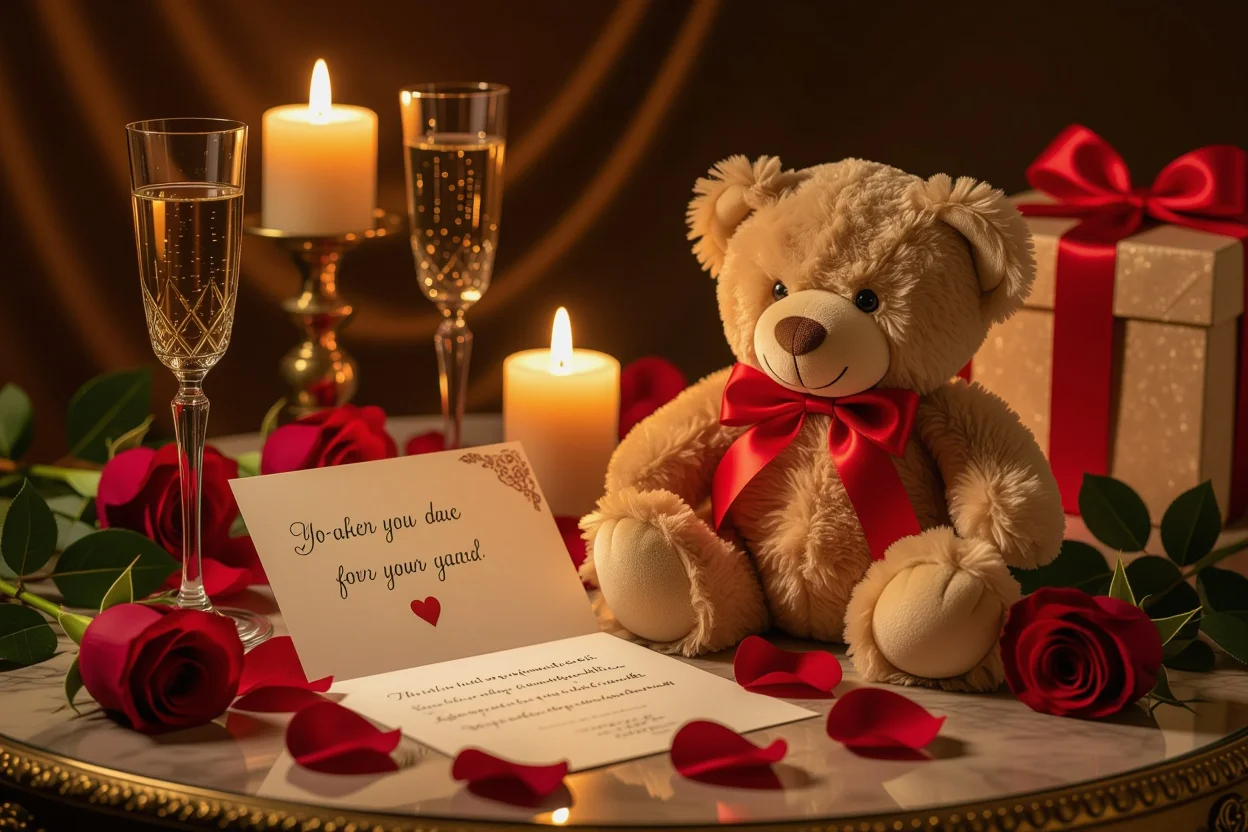 Romantic gift arrangement with special teddy bear - Valentine's Day and anniversary gift ideas