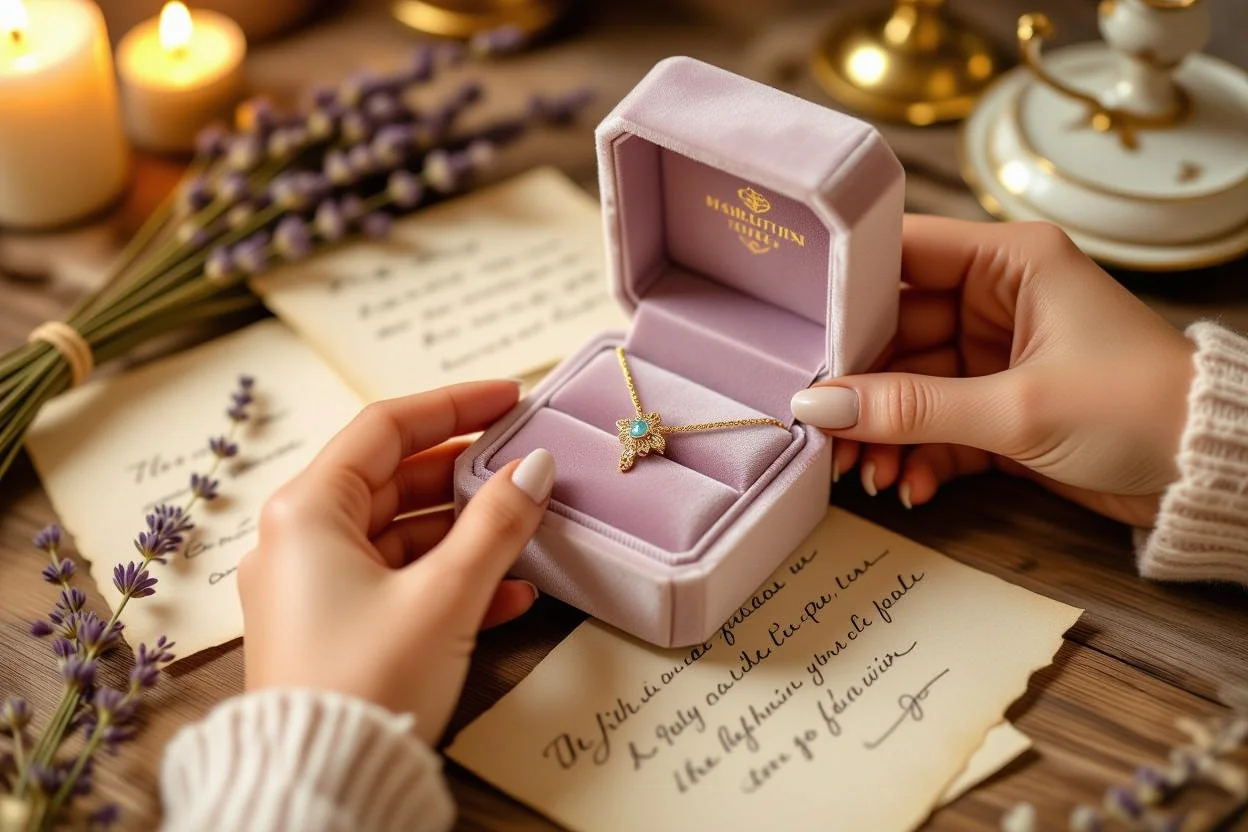 Romantic jewelry gift being carefully placed in elegant box with love notes and dried flowers
