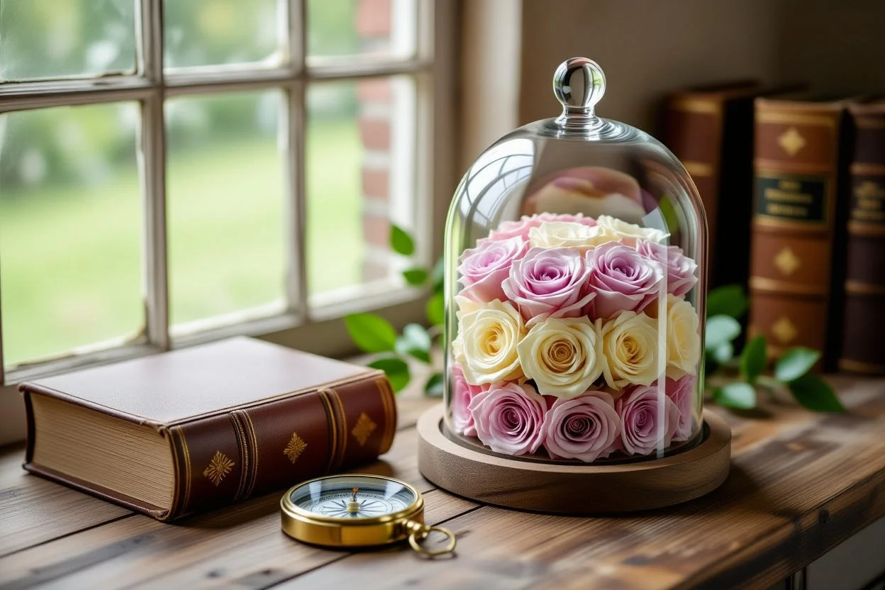 Preserved roses in glass dome with photo album and vintage compass representing lasting romantic gifts