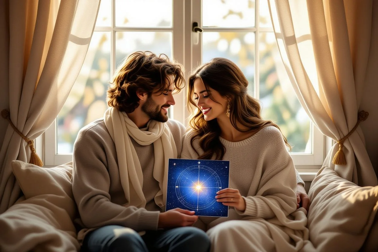 Couple enjoying personalized star map together in cozy romantic setting with thoughtful gifts