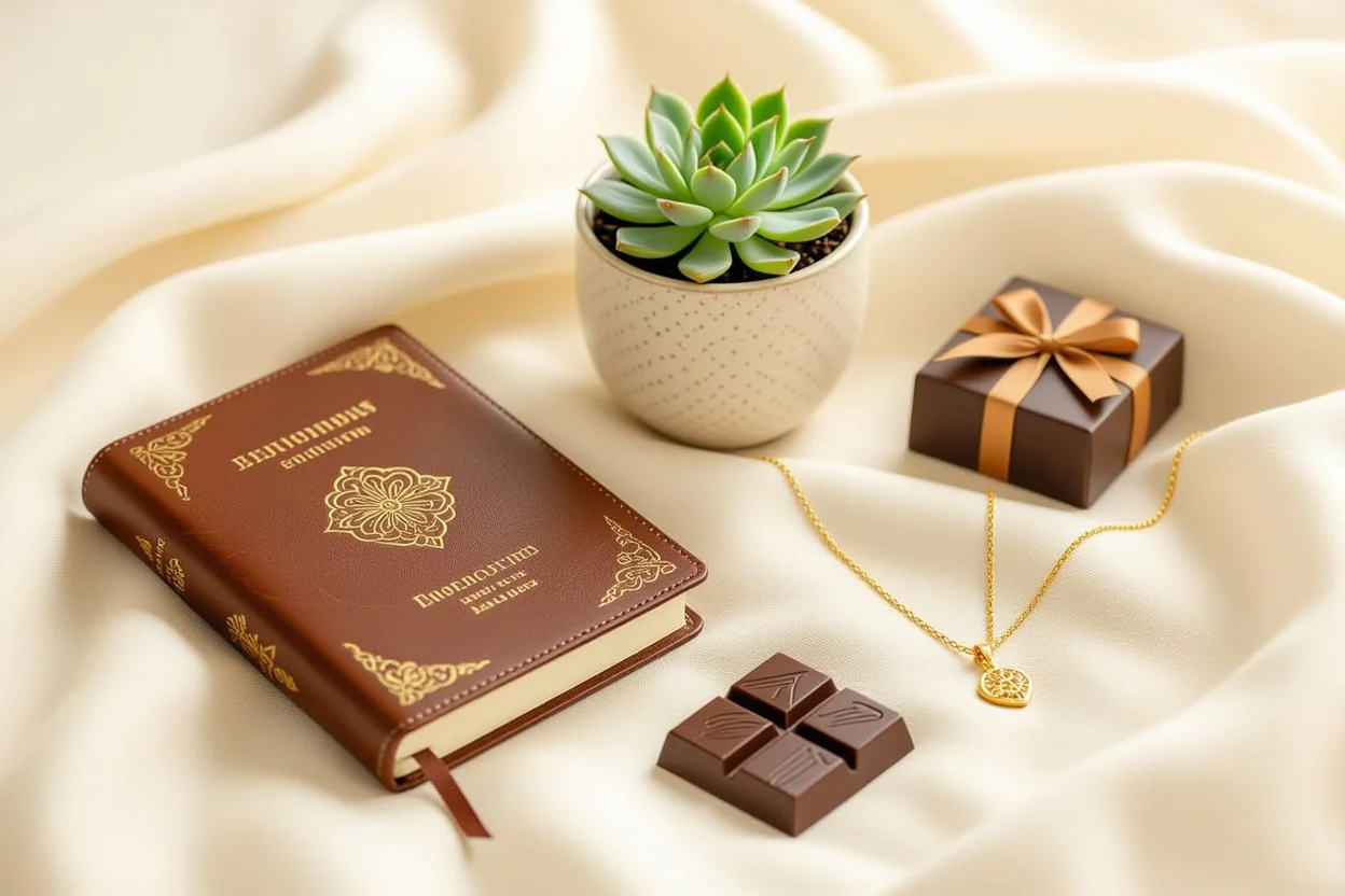 Curated collection of meaningful romantic gifts including leather journal, succulent, and jewelry arranged on linen