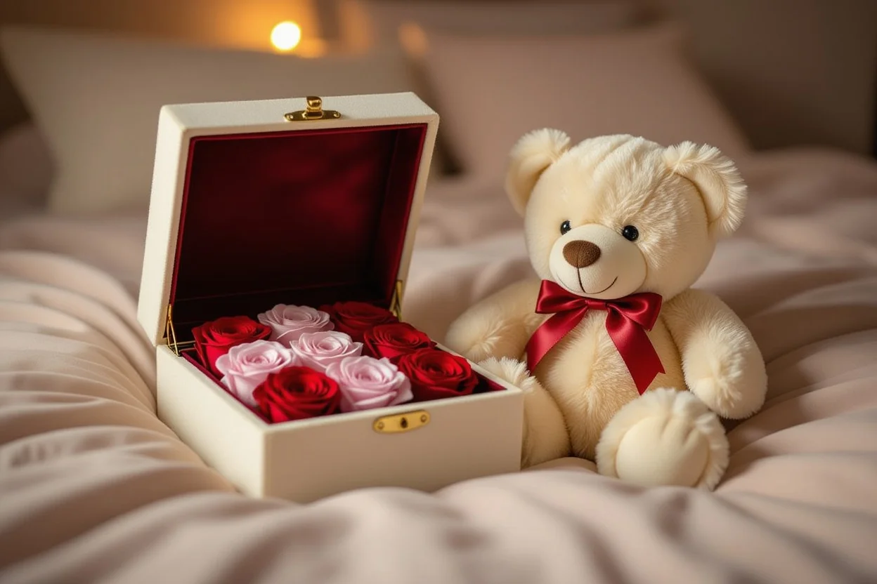 Teddy bear with hidden surprise compartment revealing preserved roses romantic gift