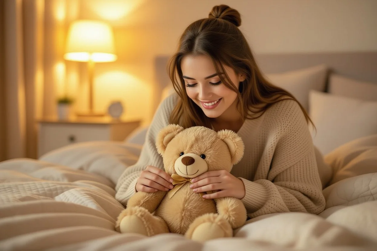 Woman discovering hidden surprise in teddy bear romantic gift moment