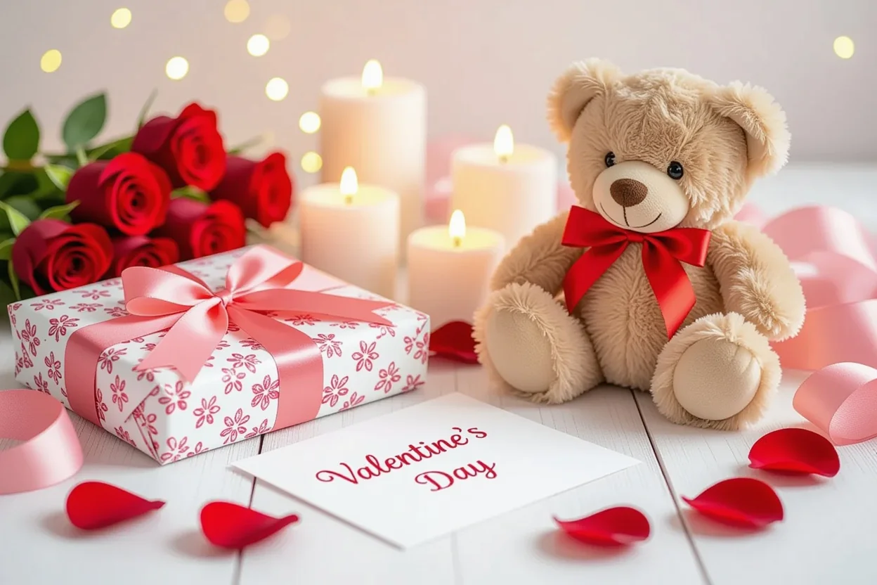 Valentine's Day teddy bear gift setup with preserved flowers and romantic decoration
