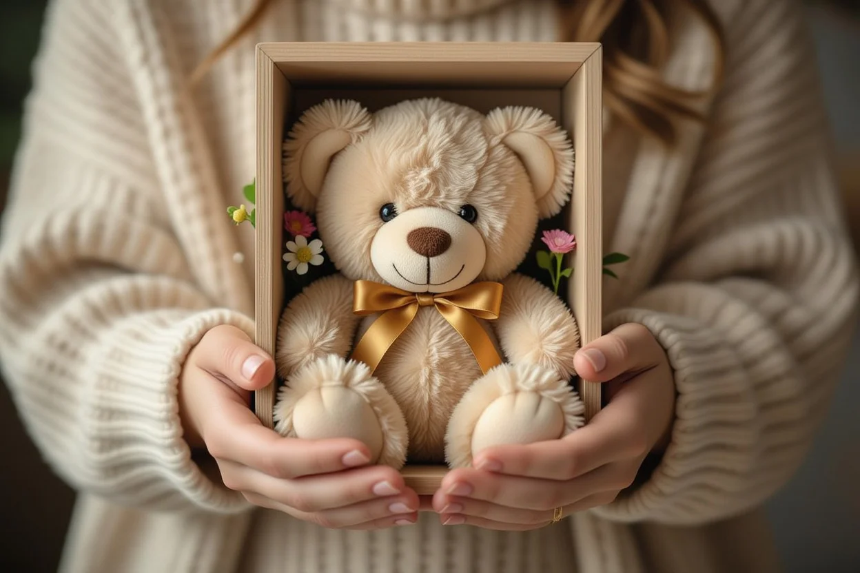 Close-up of hands holding teddy bear with preserved flowers hidden surprise gift