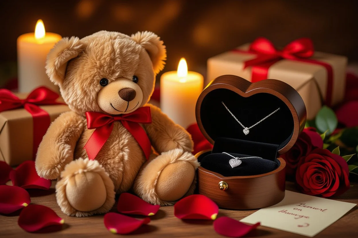 Romantic teddy bear gift with hidden necklace compartment for anniversary surprise
